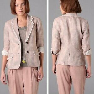 Elizabeth and James Distressed Raw Hem Linen Blazer - Blush Pink w/ Bleach Dye